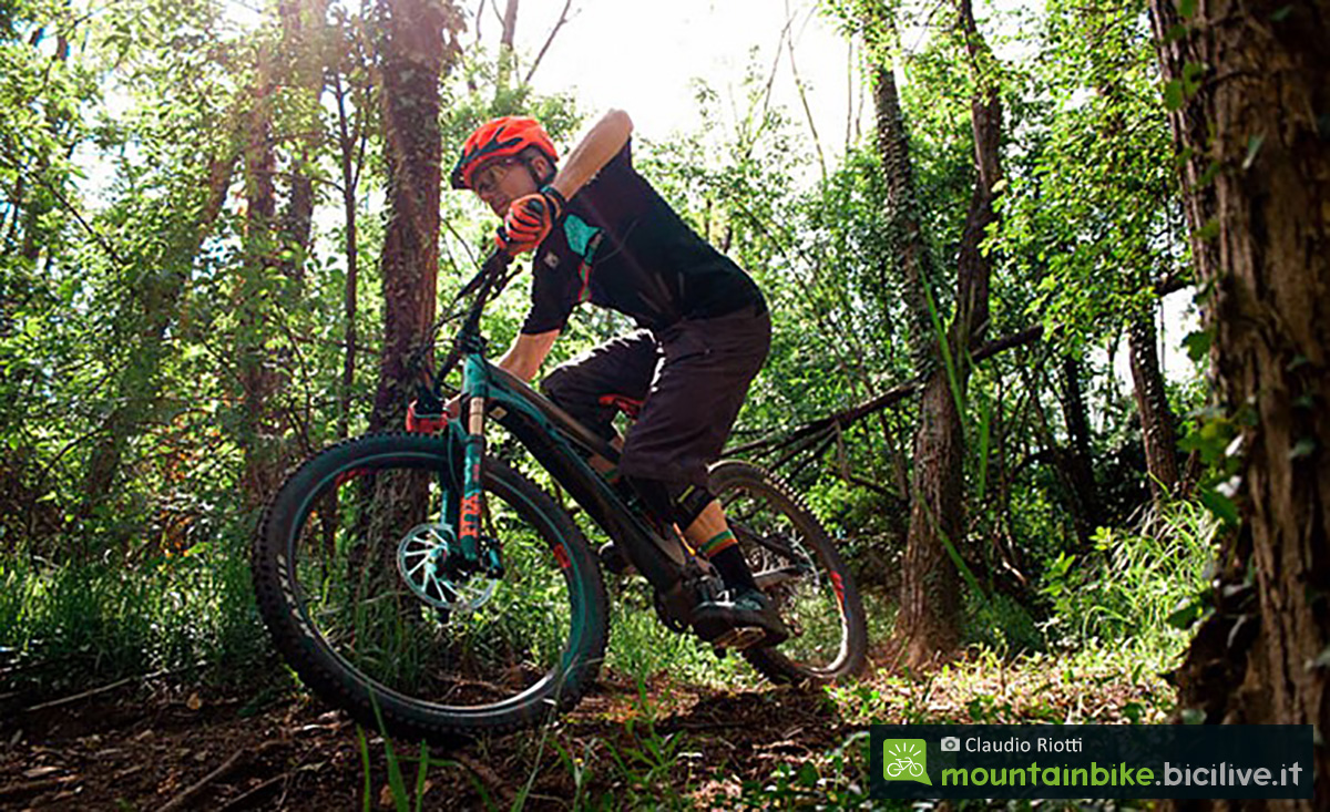 Claudio Riotti scende per un percorso nel bosco con la sua mountainbike