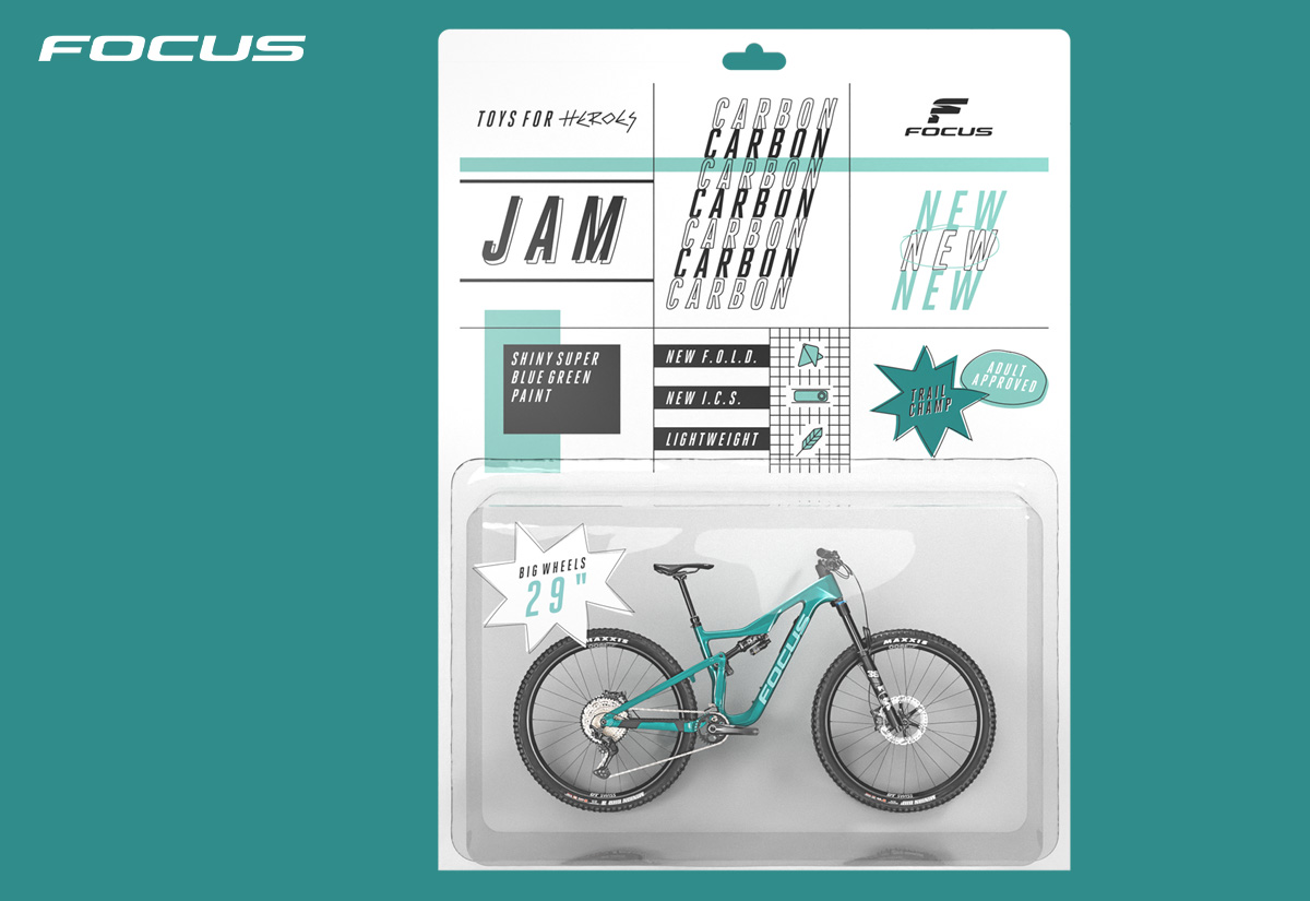 Immagine pubblicitaria della nuova mtb Focus Jam 8 2022 renderizzata come un giocattolo